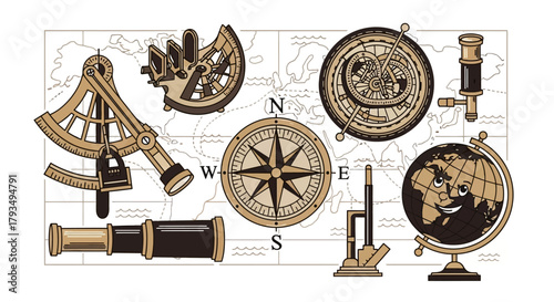 Nautical navigation instruments and tools on a map.