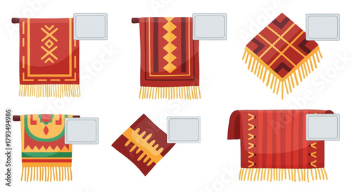 Set of traditional woven rugs and blankets with ethnic patterns and fringes, displayed on a white background.