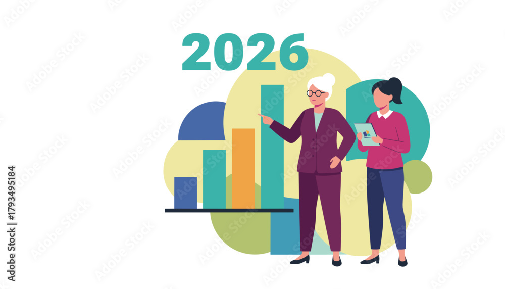 Fototapeta premium Female business team analyzes bar chart projections and financial growth goals for 2026