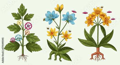 Three colorful flowers with green leaves and roots.