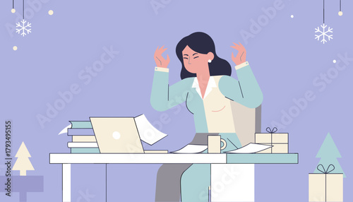 Burnout Stressed woman working late during winter holidays with tight deadlines