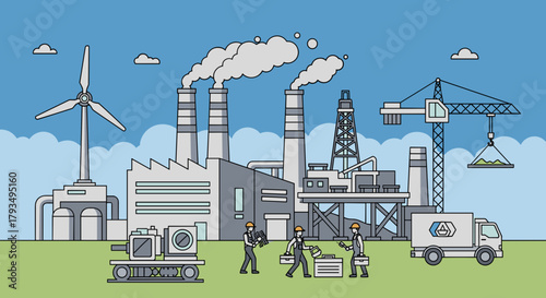 Industrial complex mixing traditional energy sustainable wind power construction and working professionals