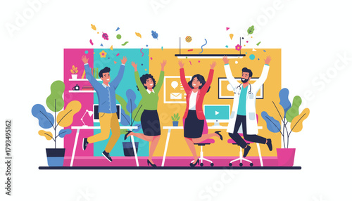 Happy business professionals and doctor jumping in the office celebrating success and teamwork