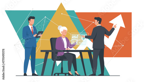 Team collaboration discussing data analysis financial growth and market strategy