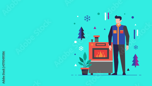 Technician near furnace provides home heating and winter comfort service Vector illustration