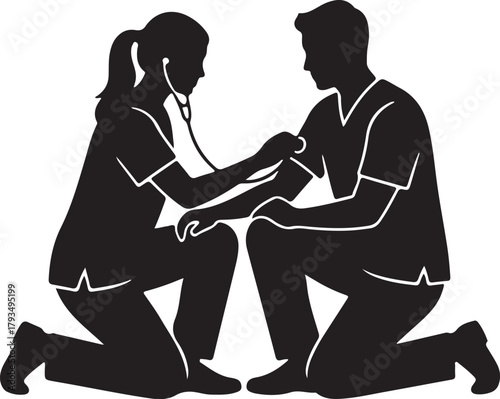Healthcare worker administering first aid with a stethoscope to a kneeling patient or colleague, medical assistance concept