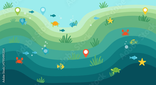 Underwater World with Marine Life and Location Markers.