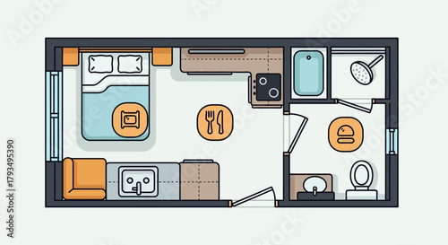 Vector Illustration of a Compact Studio Apartment Layout.