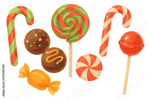 Confectionery and sweets flat icon set. lollipop, candy cane, chocolate, bonbon, and hard candy symbols