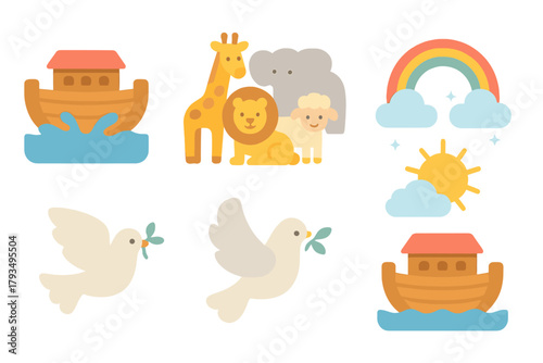 Noah's ark flat icon set. featuring ark, animals, rainbow, sun, clouds, and dove symbols