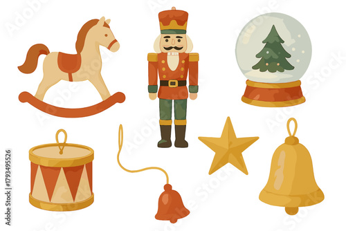 Christmas toy silhouette icon set. featuring rocking horse, nutcracker, snow globe, drum, star, and bell