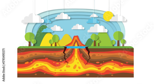 Volcanic Eruption Cross Section Showing Earths Layers and Lava Flow.