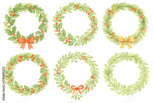 Holiday decor watercolor icon set. featuring wreaths, bows, and berries in festive designs