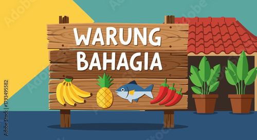 Warung Bahagia Signboard with Fresh Produce and Plants.