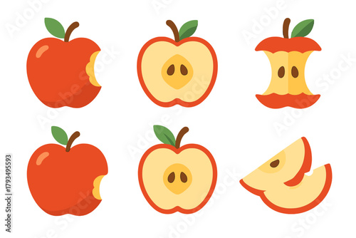 Apple flat icon set. featuring bitten apple, apple core, apple slice, apple half symbols