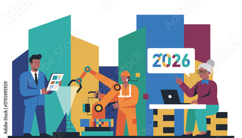Diverse team plans 2026 goals integrating industrial automation and digital technology
