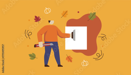 Builder working on home renovation project surrounded by autumn leaves and seasonal motifs Fall maintenance