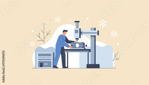 Engineer operates industrial machinery during winter symbolizing manufacturing technology and holiday production