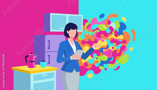 Creativity and routine balance Businesswoman conceptualizing colorful ideas at home