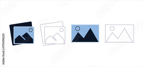 Gallery icon set for web and mobile apps. Photo album and picture symbols. Simple flat vector pictogram collection for UI design. Digital image, media portfolio sign.