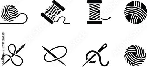 Yarn Icon Set  Knitting, Crochet, and Thread Ball Silhouette Collection Wool and Yarn Icons  Sewing, Craft, and Textile Vector Set