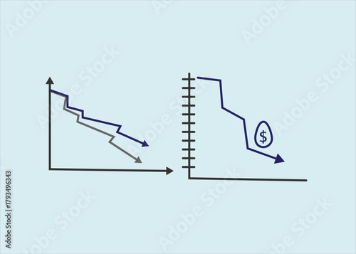 graph with decrease report diagram with recession and bankruptcy progress business and finance vector icons