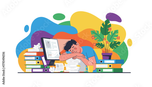 Overworked employee asleep at the office desk buried in documents Stress and burnout concept
