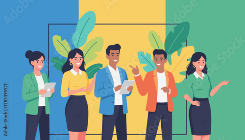 Diverse team of professionals collaborating with tablets in a vibrant modern business environment