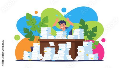 Stressed employee drowning in a mountain of office paperwork excessive workload concept