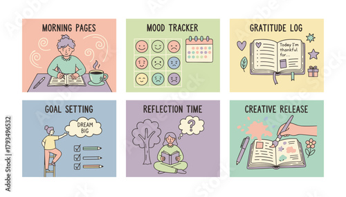 Daily selfcare routine set journaling goal setting mood tracking and creative reflection