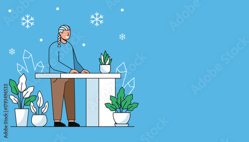 Line art illustration of a person at a desk with plants and snowflakes on a bright blue background