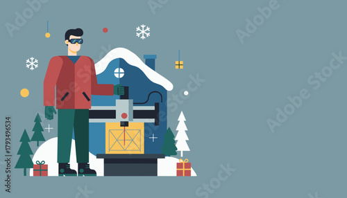 Man uses technology CNC to manufacture Christmas gifts in winter scene