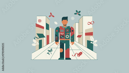 Geometric cyborg in a stylized festive urban street illustration