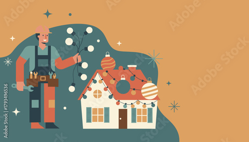 Happy electrician prepares house for holidays holding string lights Home service illustration