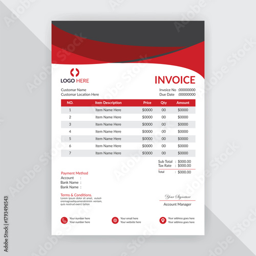 Professional corporate business invoice design with abstract geometric shapes, Print accounting or finance documents ready for payments and budgeting. Modern and creative office invoice template