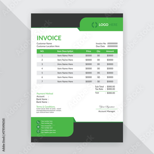 Professional corporate business invoice design with abstract geometric shapes, Print accounting or finance documents ready for payments and budgeting. Modern and creative office invoice template