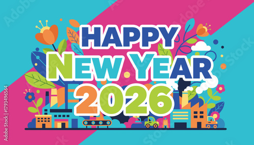 Happy New Year 2026 illustration mixing industry nature and festive typography in vibrant colors