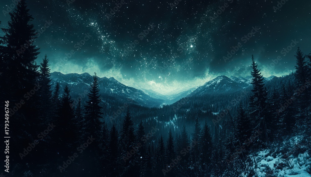Fototapeta premium Dark, cold mountain landscape unfolds beneath a brilliant, starry night sky