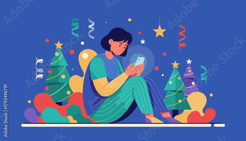 Woman uses phone for holiday messages surrounded by festive Christmas trees and stars
