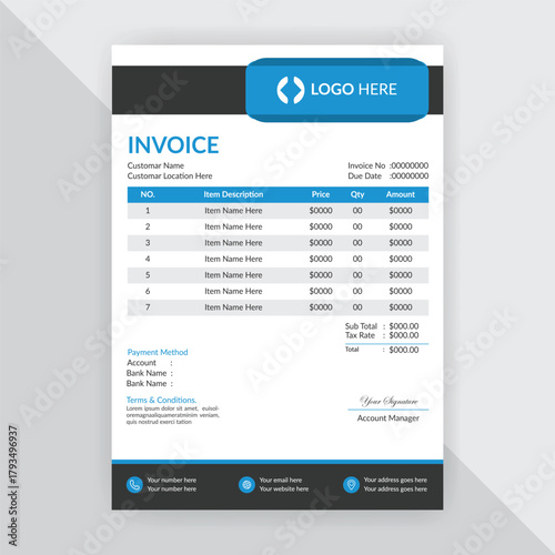Professional corporate business invoice design with abstract geometric shapes, Print accounting or finance documents ready for payments and budgeting. Modern and creative office invoice template