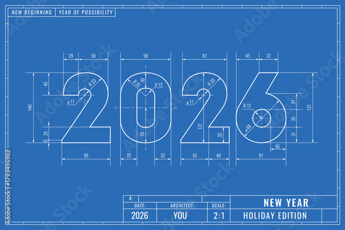 Blueprint style drawing of the number 2026. New Year greeting card