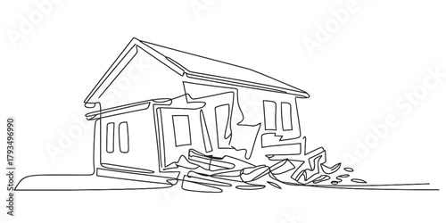 Continuous line art drawing of a house collapsing, symbolizing destruction, property damage, crisis, structural failure, and instability concept. Vector