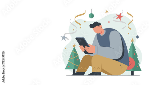 Man using smartphone next to Christmas trees and festive decorations Holiday communication and shopping