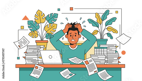 Businessman stressed and overwhelmed by heavy workload and looming deadlines