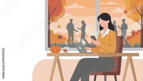 Professional woman works remotely during autumn using laptop and phone in a cozy setting