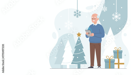 Senior man using tablet near Christmas tree and gifts Holiday shopping and technology