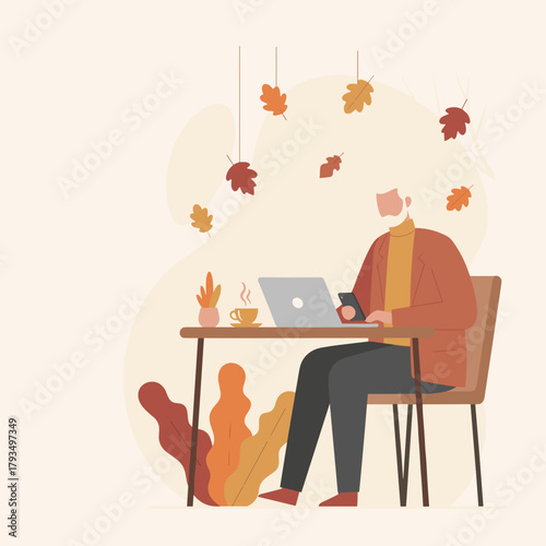 Mature man working remotely on a laptop during autumn illustrating modern freelance and productivity