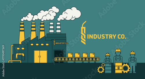 Industrial factory and production line with workers gears and smokestacks Flat vector design
