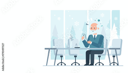 Elderly professional uses smartphone in modern office meeting room with winter view