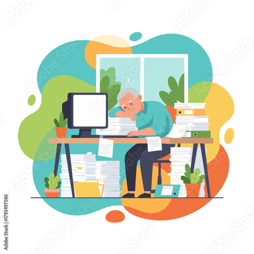 Exhausted senior man overwhelmed by excessive office work stress and bureaucracy Deadline concept